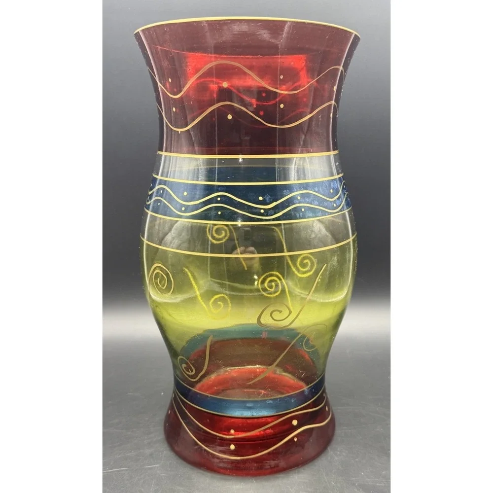 Vintage Pier 1 Hand Painted Glass Hurricane Vase Colorful Swirl 12
